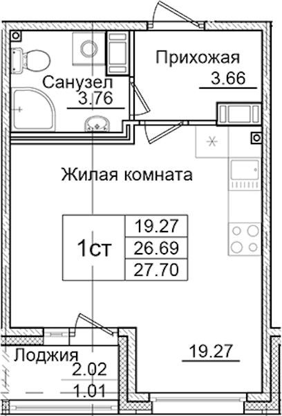 Квартира студия 27.7 м², 3/9 эт., ЖК «Квартал Заречье»